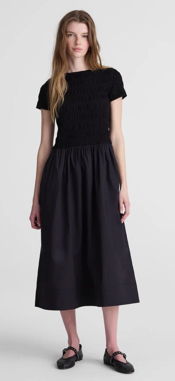 Madewell | NWT Smocked Midi Dress Jet Black Short Sleeve | Sz S